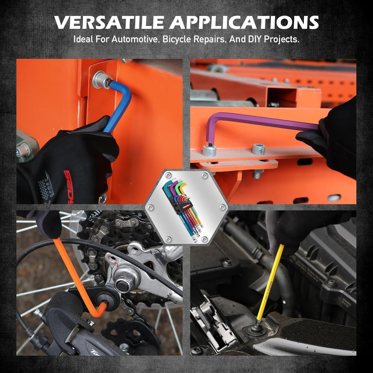 13-piece SAE long arm hex wrench set with color-coded handles, ball and flat ends, heavy-duty S2 steel, perfect for automotive and bike repairs.