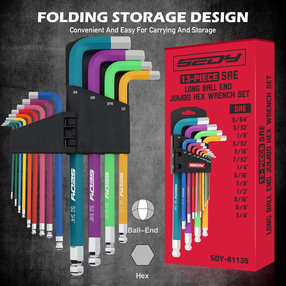 13-piece SAE long arm hex wrench set with color-coded handles, ball and flat ends, heavy-duty S2 steel, perfect for automotive and bike repairs.