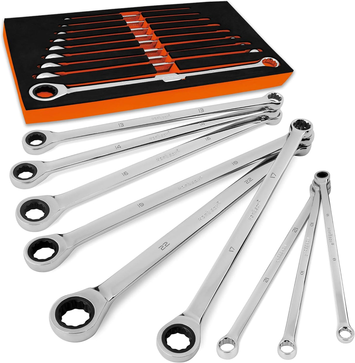9-piece extra-long ratcheting wrench set with mirror-polished CR-V steel construction and metric sizes from 8mm to 22mm.