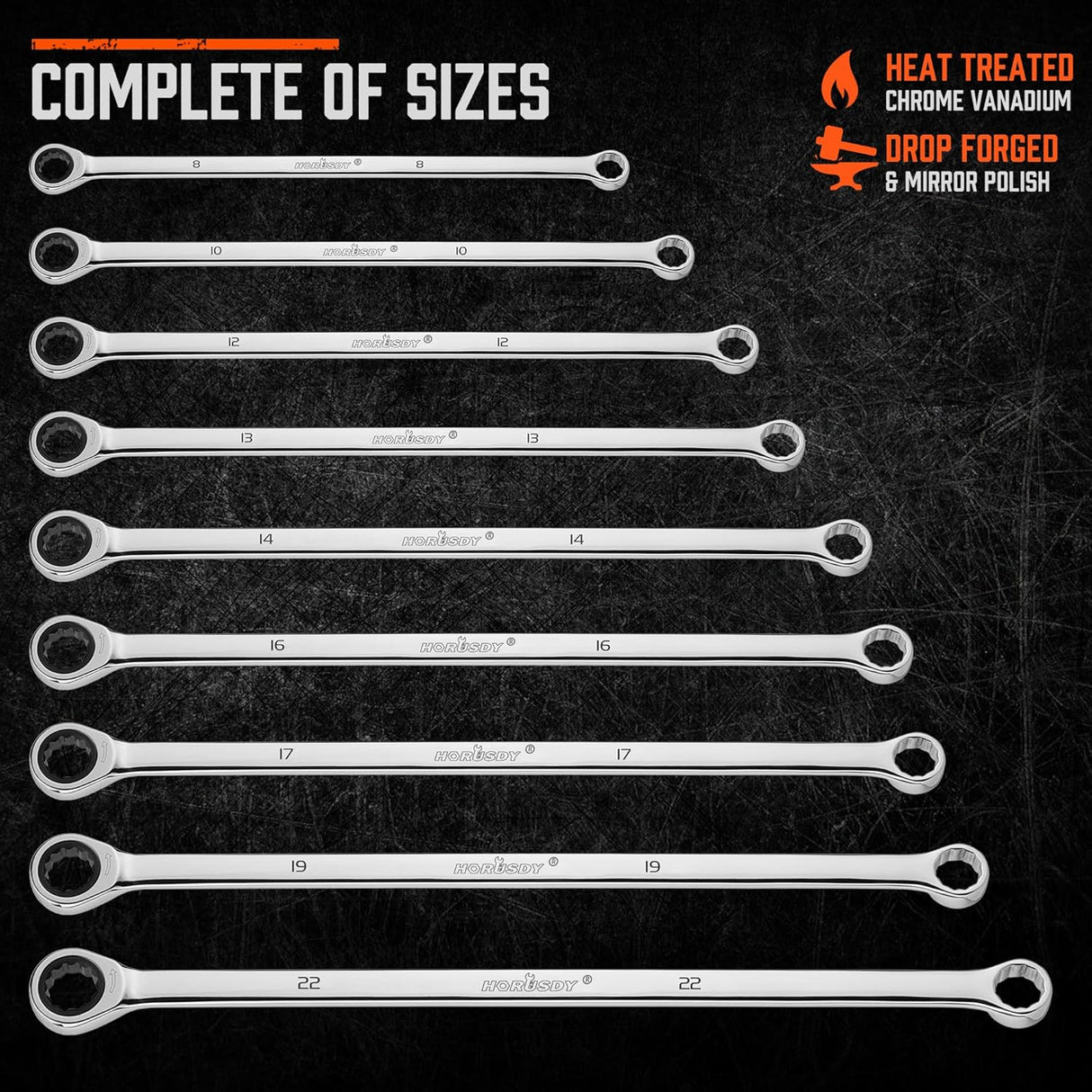 9-piece extra-long ratcheting wrench set with mirror-polished CR-V steel construction and metric sizes from 8mm to 22mm.