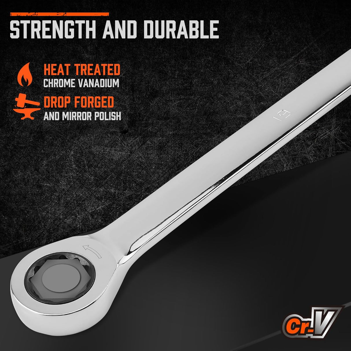 9-piece extra-long ratcheting wrench set with mirror-polished CR-V steel construction and metric sizes from 8mm to 22mm.