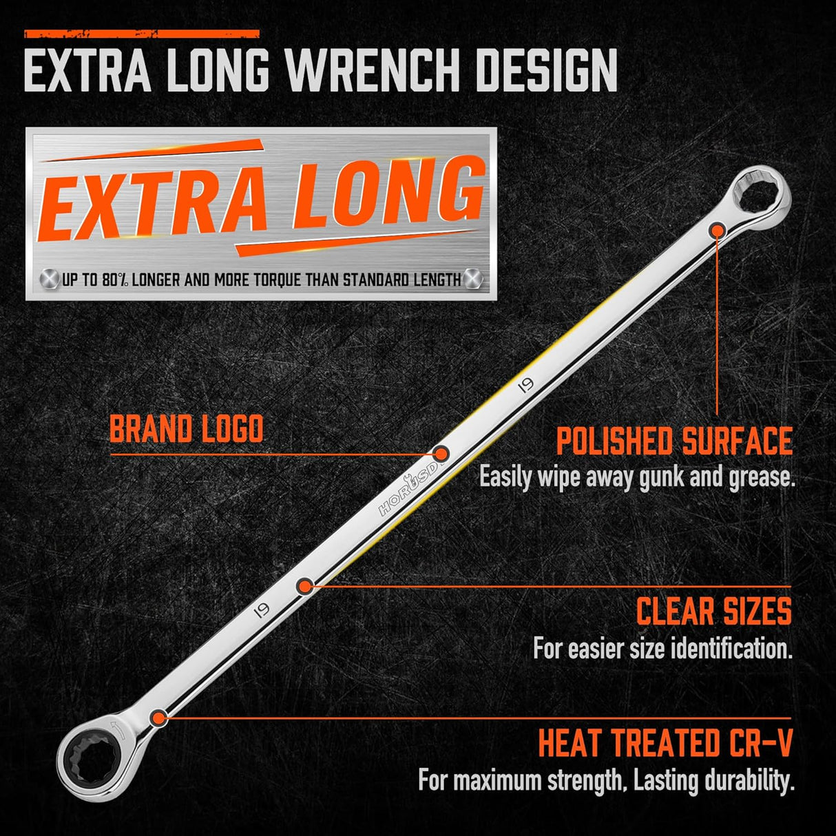 9-piece extra-long ratcheting wrench set with mirror-polished CR-V steel construction and metric sizes from 8mm to 22mm.