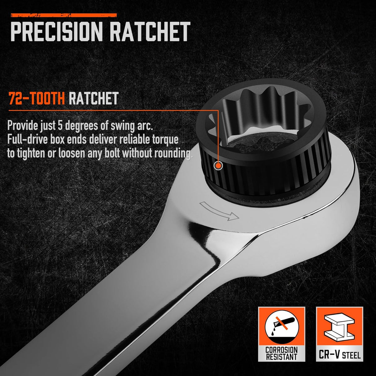 9-piece extra-long ratcheting wrench set with mirror-polished CR-V steel construction and metric sizes from 8mm to 22mm.