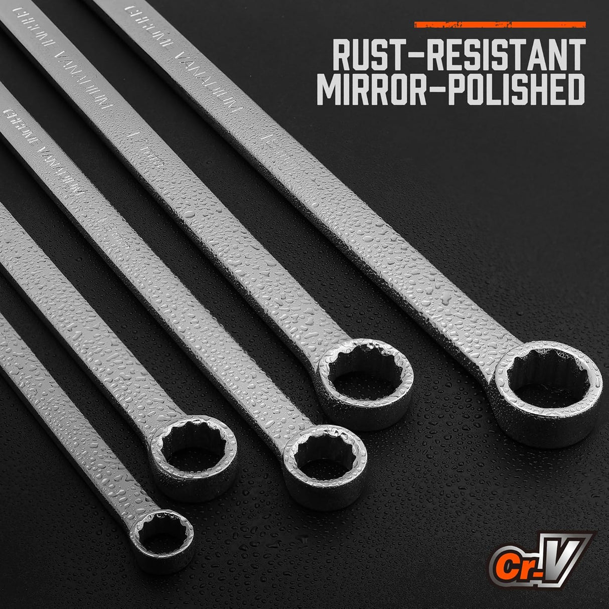 9-piece extra-long ratcheting wrench set with mirror-polished CR-V steel construction and metric sizes from 8mm to 22mm.