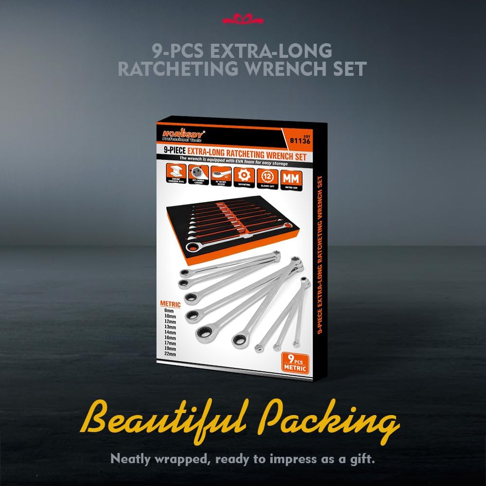 9-piece extra-long ratcheting wrench set with mirror-polished CR-V steel construction and metric sizes from 8mm to 22mm.