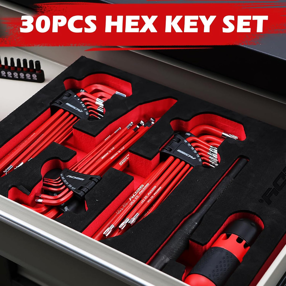30-piece red hex and torx key wrench set with T-handle, ball-end design, extension bars, and precision tips, ideal for mechanics and DIY repairs.