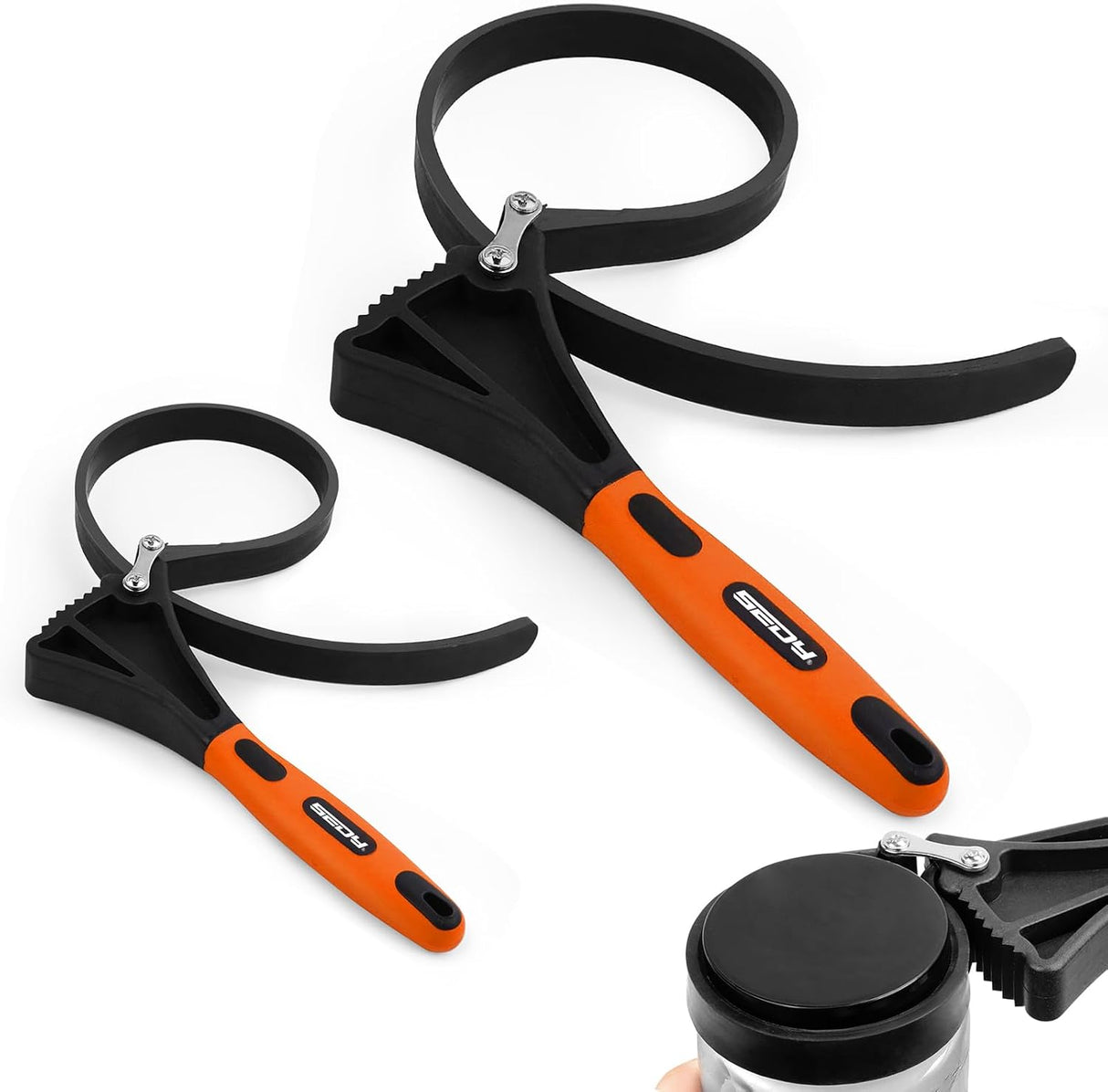 2-piece adjustable strap wrench set with 4" and 6" rubber straps for oil filters, jar lids, drain caps, sink nuts, shower heads, and plumbing valves.