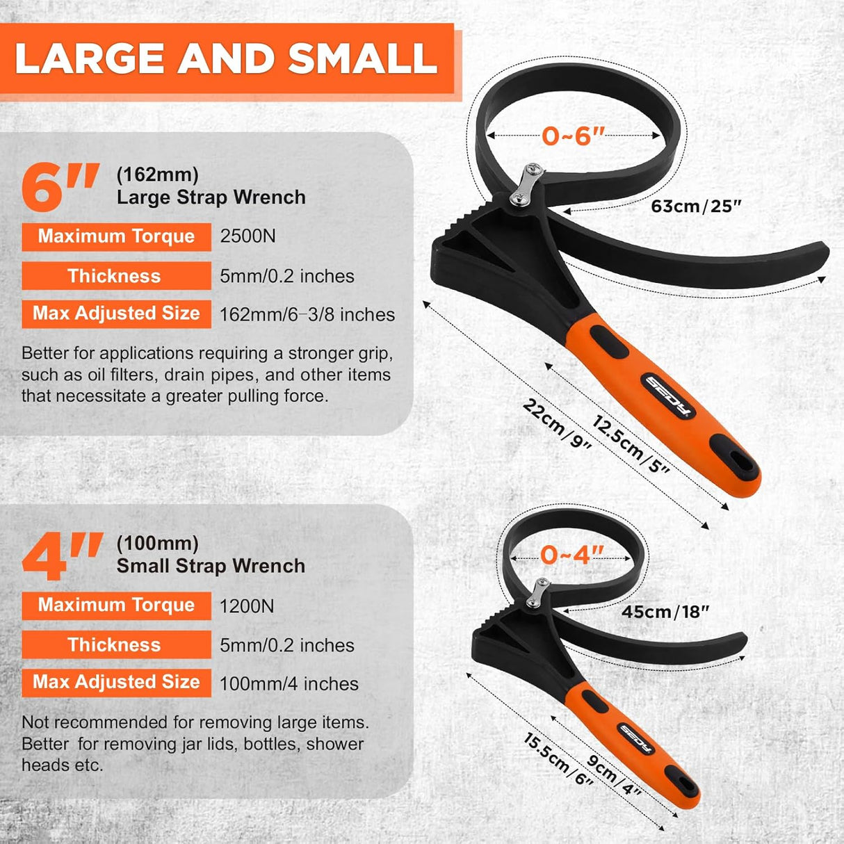2-piece adjustable strap wrench set with 4" and 6" rubber straps for oil filters, jar lids, drain caps, sink nuts, shower heads, and plumbing valves.