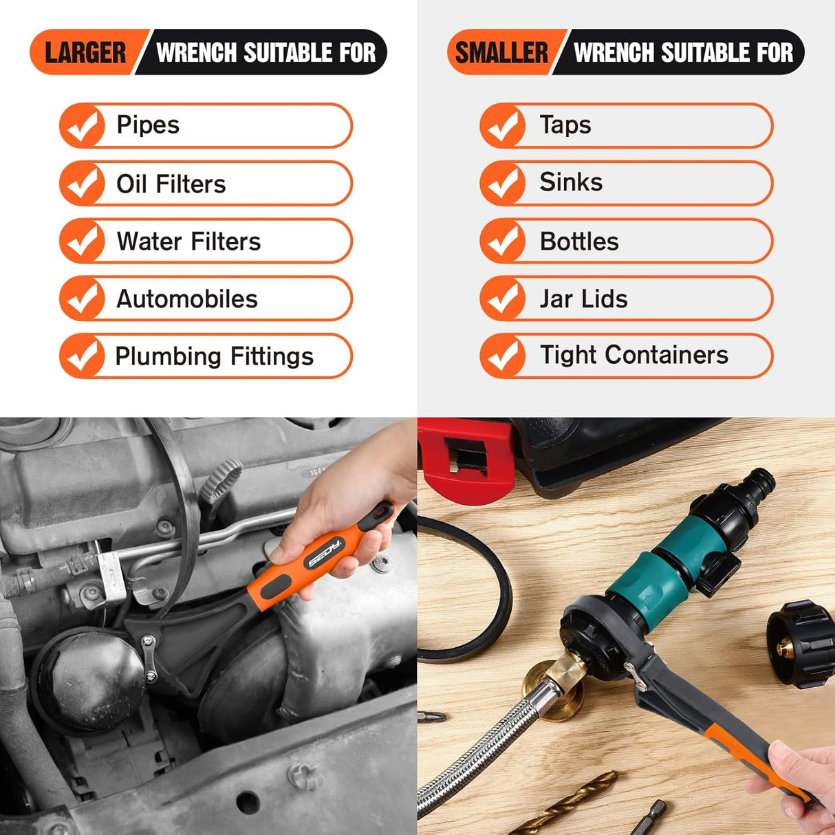 2-piece adjustable strap wrench set with 4" and 6" rubber straps for oil filters, jar lids, drain caps, sink nuts, shower heads, and plumbing valves.