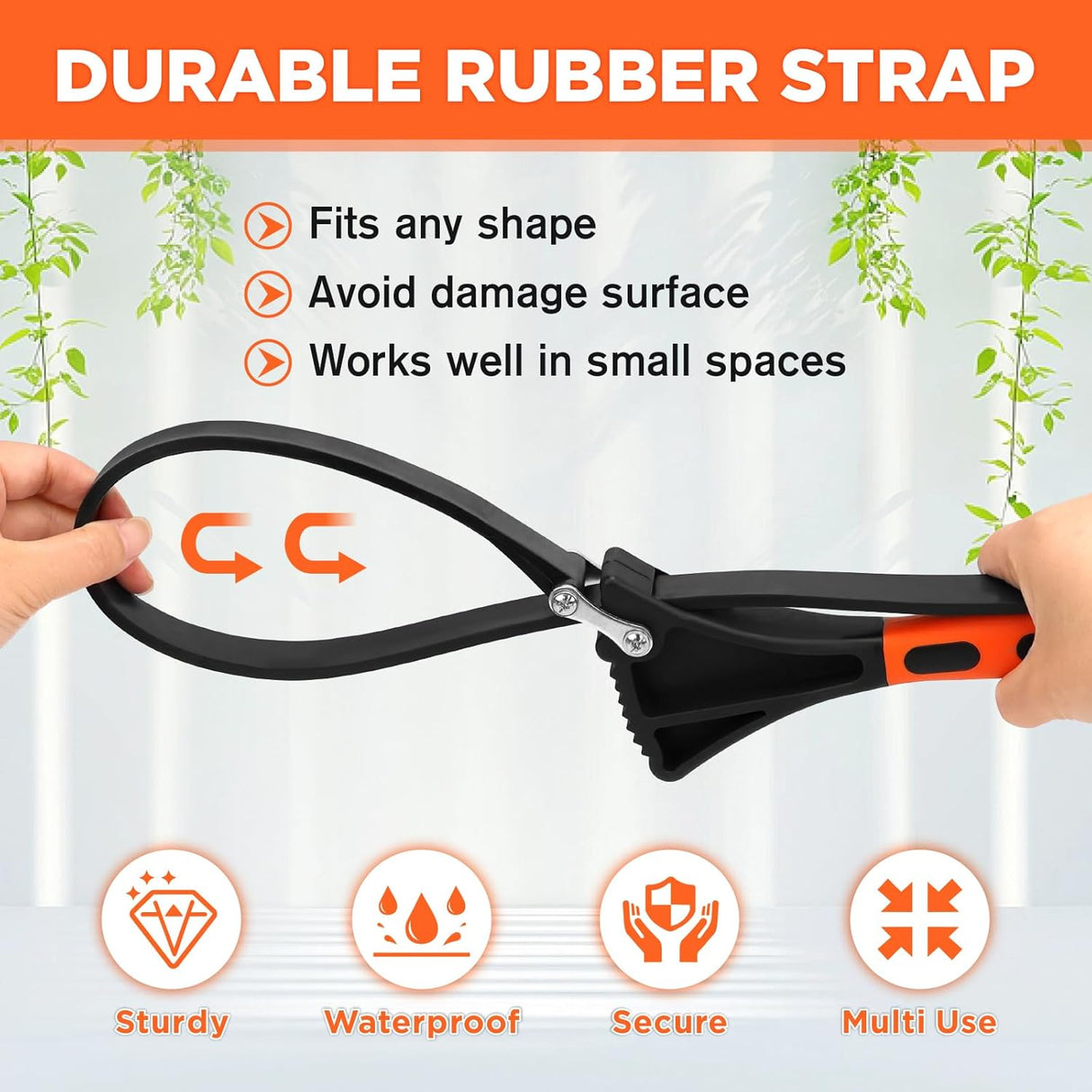 2-piece adjustable strap wrench set with 4" and 6" rubber straps for oil filters, jar lids, drain caps, sink nuts, shower heads, and plumbing valves.