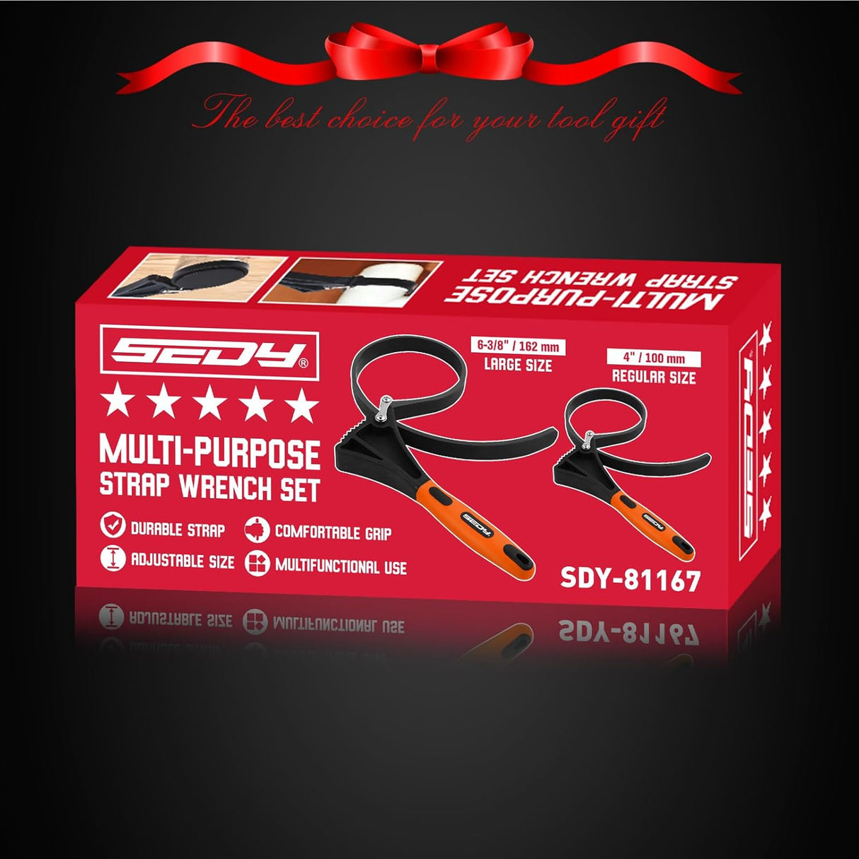 2-piece adjustable strap wrench set with 4" and 6" rubber straps for oil filters, jar lids, drain caps, sink nuts, shower heads, and plumbing valves.