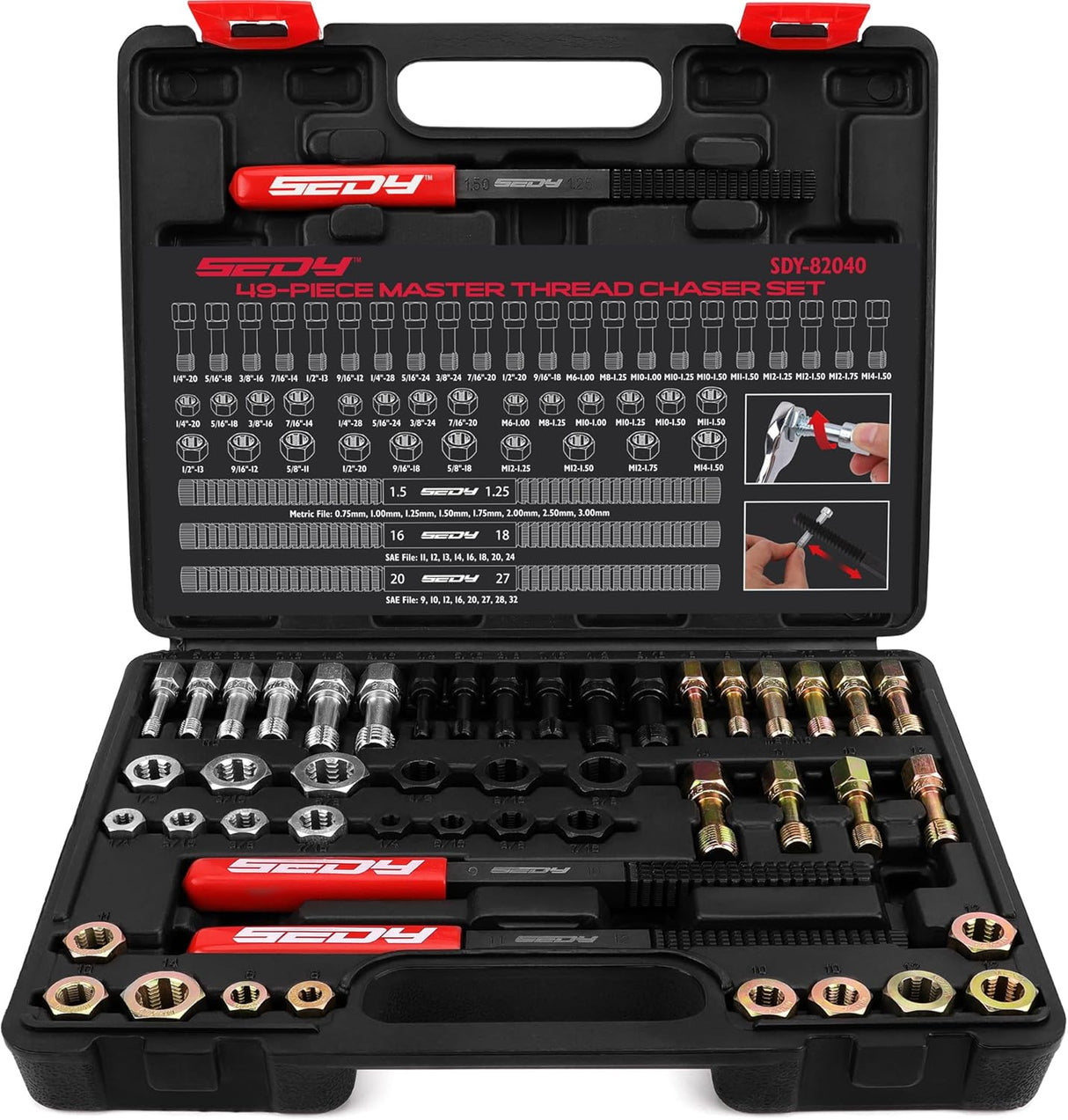 49-piece SAE and metric thread chaser and rethreading kit for automotive bolts, nuts, spark plugs, and engine thread repair, with organized storage case.