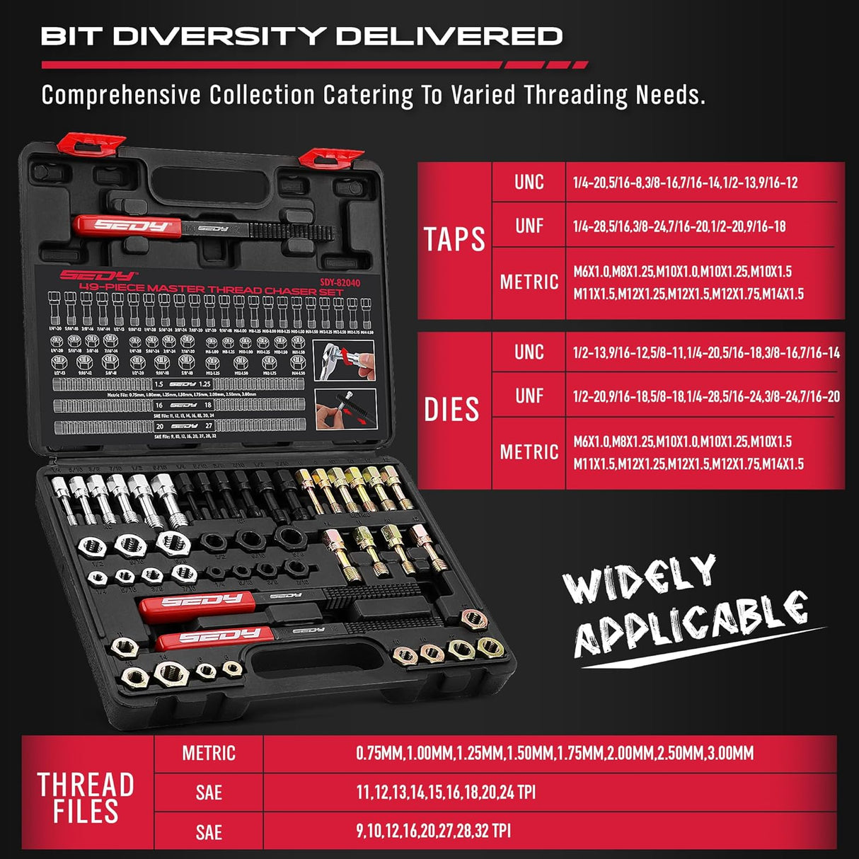 49-piece SAE and metric thread chaser and rethreading kit for automotive bolts, nuts, spark plugs, and engine thread repair, with organized storage case.
