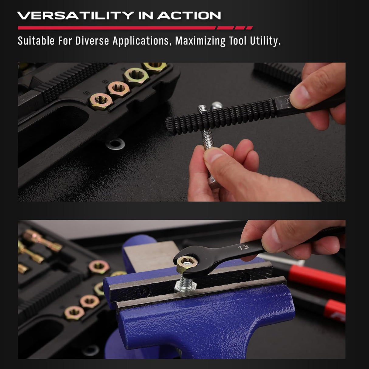 49-piece SAE and metric thread chaser and rethreading kit for automotive bolts, nuts, spark plugs, and engine thread repair, with organized storage case.