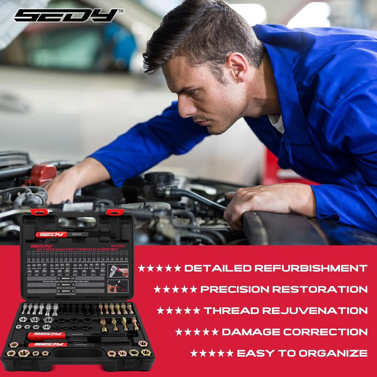 49-piece SAE and metric thread chaser and rethreading kit for automotive bolts, nuts, spark plugs, and engine thread repair, with organized storage case.
