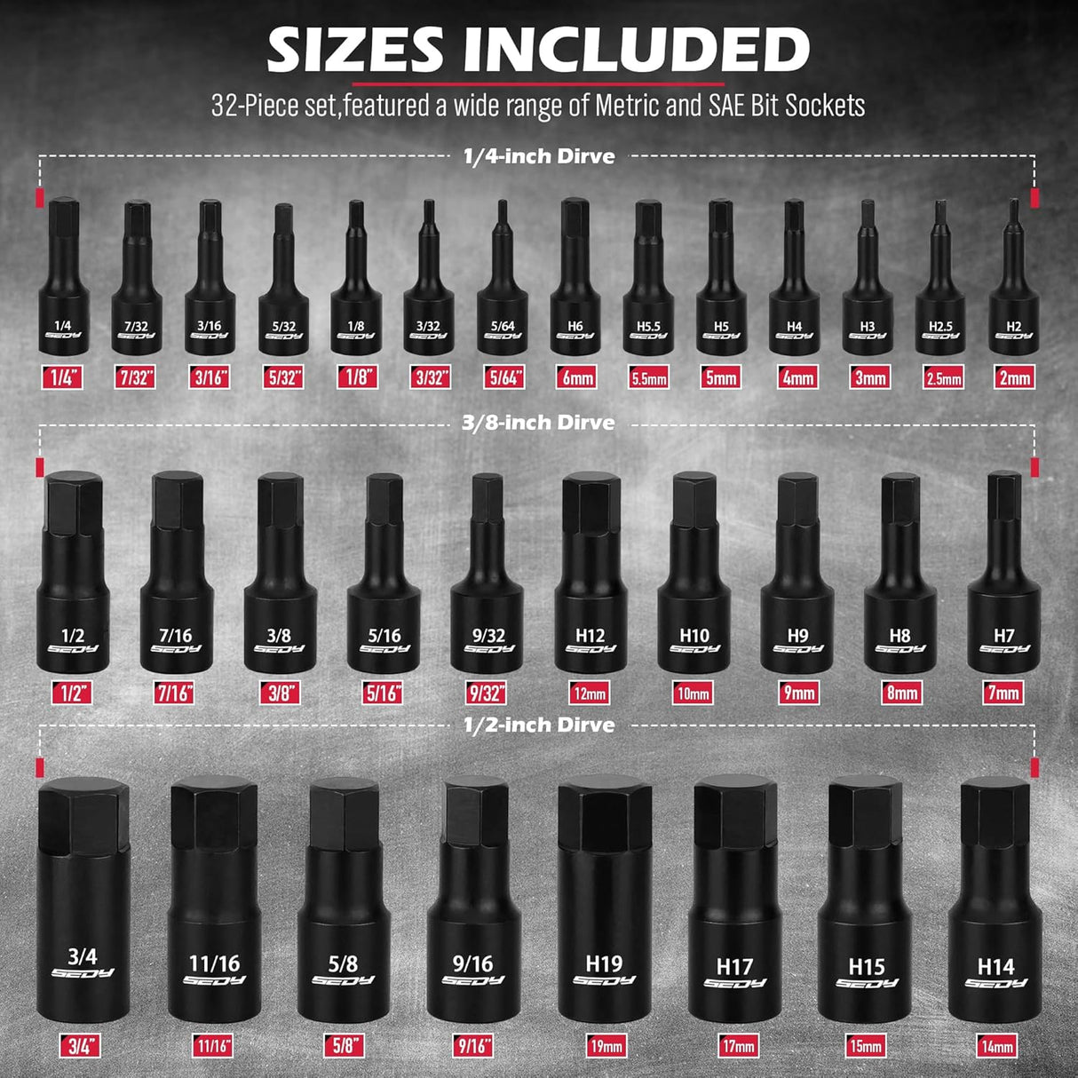 36-piece impact hex bit socket set with metric and SAE sizes, made of CR-V steel, includes storage case
