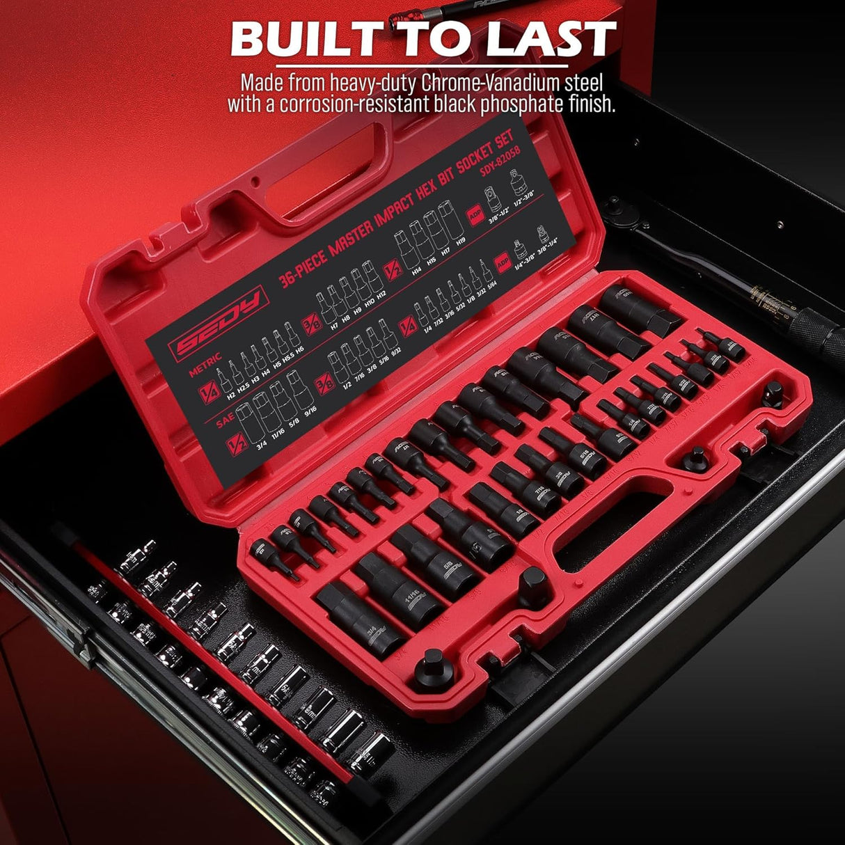 36-piece impact hex bit socket set with metric and SAE sizes, made of CR-V steel, includes storage case