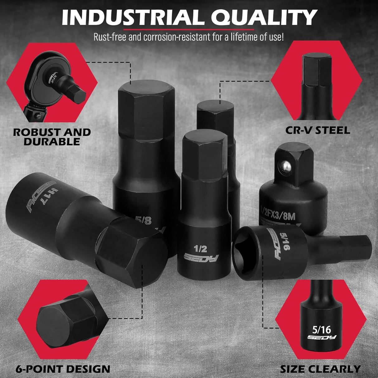 36-piece impact hex bit socket set with metric and SAE sizes, made of CR-V steel, includes storage case