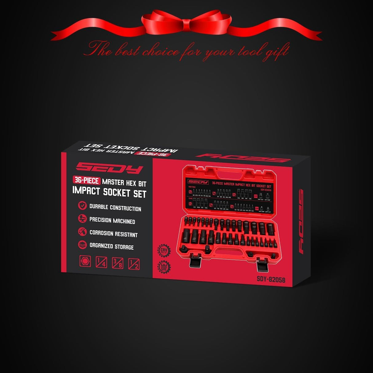 36-piece impact hex bit socket set with metric and SAE sizes, made of CR-V steel, includes storage case