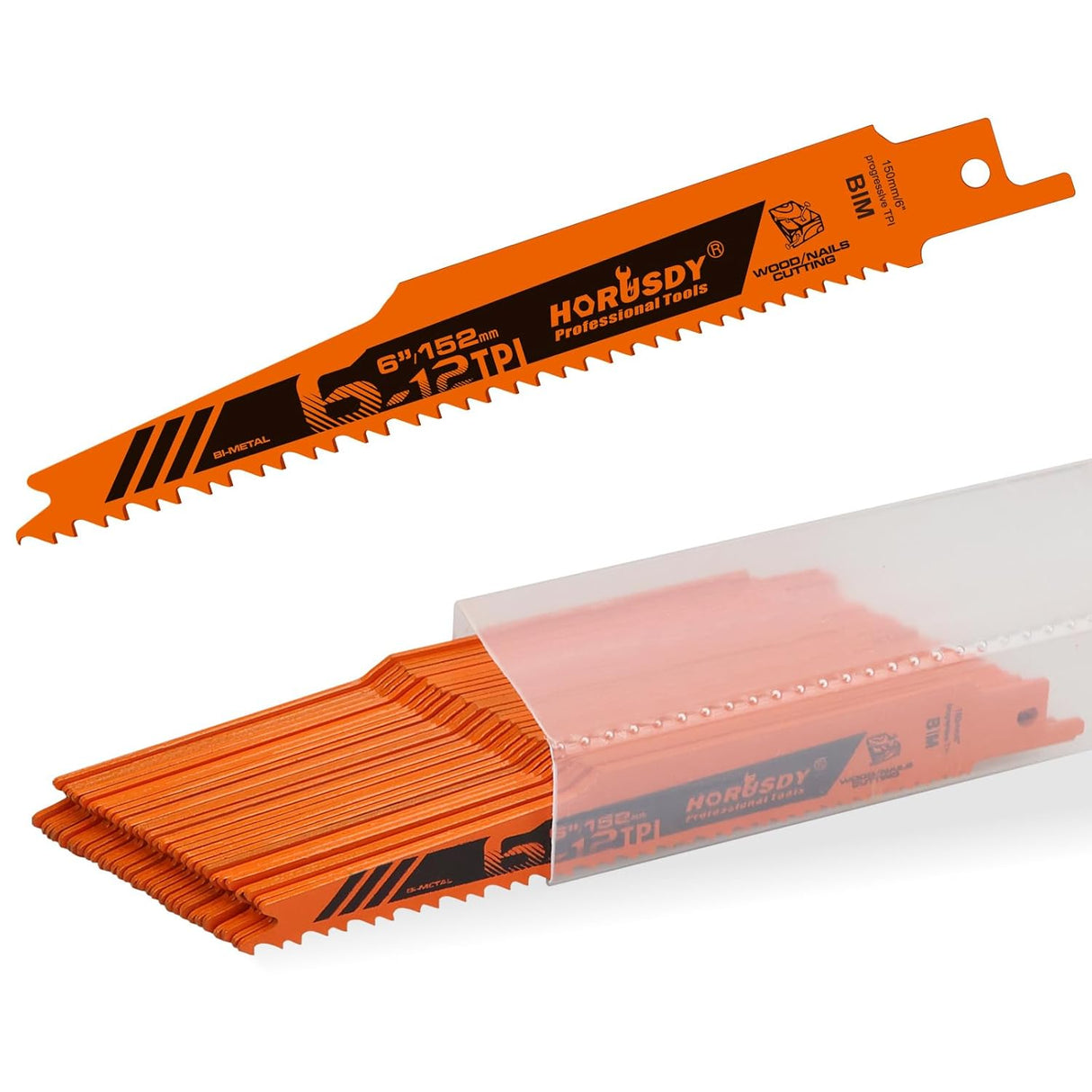 30-piece HORUSDY 6-inch bi-metal reciprocating saw blade set for wood and nail cutting, with storage case