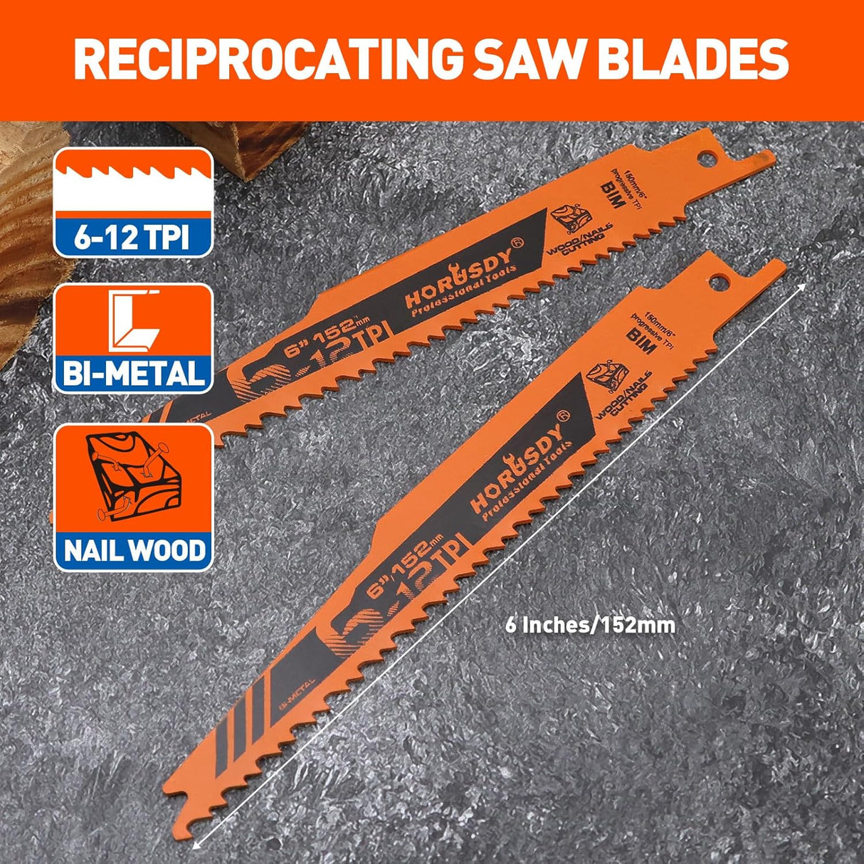 30-piece HORUSDY 6-inch bi-metal reciprocating saw blade set for wood and nail cutting, with storage case