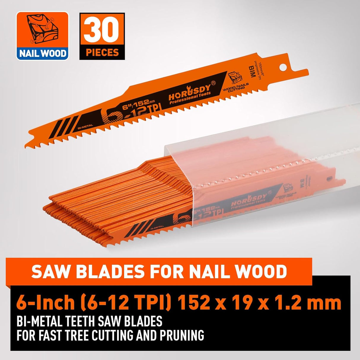 30-piece HORUSDY 6-inch bi-metal reciprocating saw blade set for wood and nail cutting, with storage case