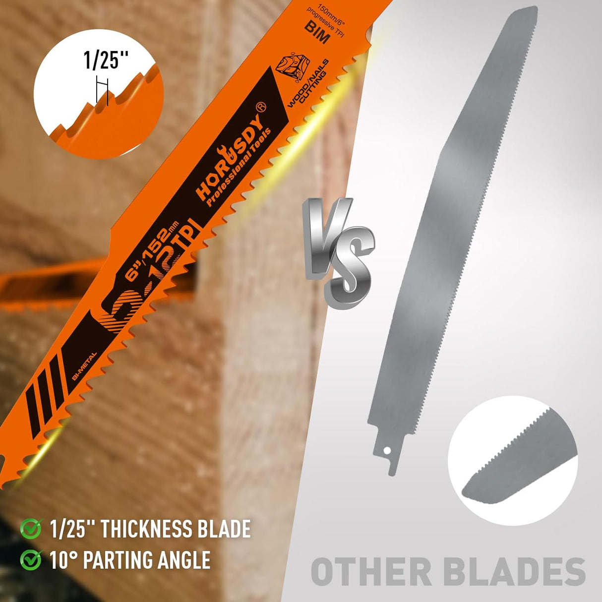 30-piece HORUSDY 6-inch bi-metal reciprocating saw blade set for wood and nail cutting, with storage case