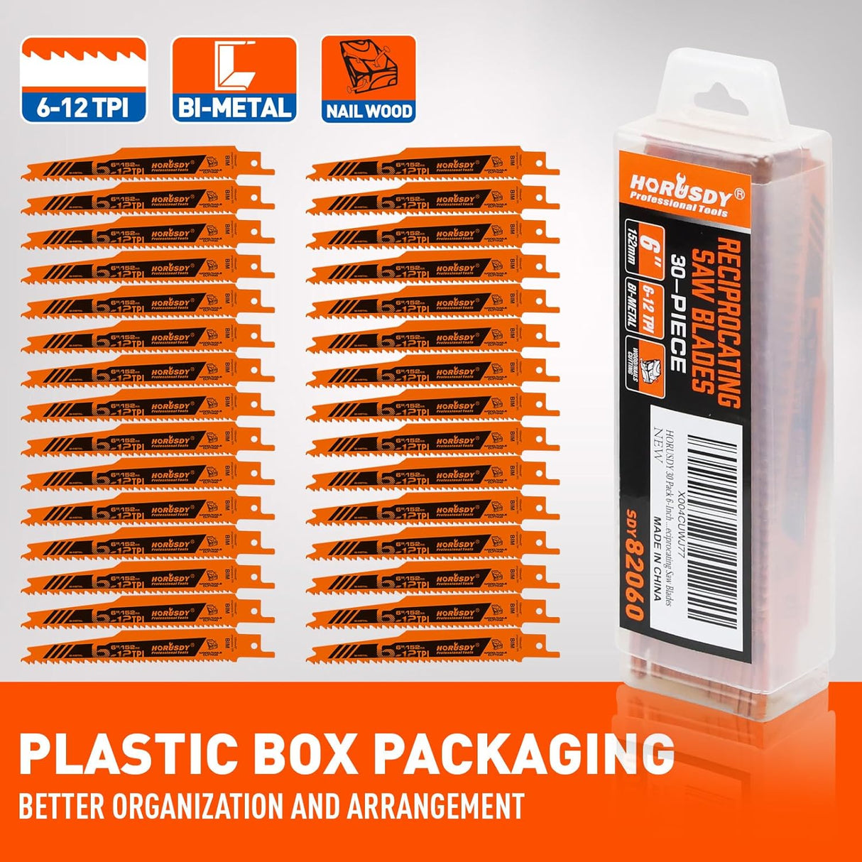 30-piece HORUSDY 6-inch bi-metal reciprocating saw blade set for wood and nail cutting, with storage case