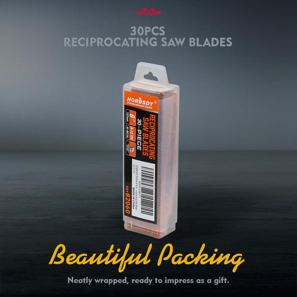 30-piece HORUSDY 6-inch bi-metal reciprocating saw blade set for wood and nail cutting, with storage case