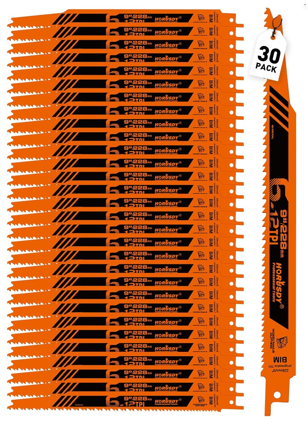 HORUSDY 9 inch bi-metal reciprocating saw blades for wood and nail cutting, 30-pack with plastic storage case