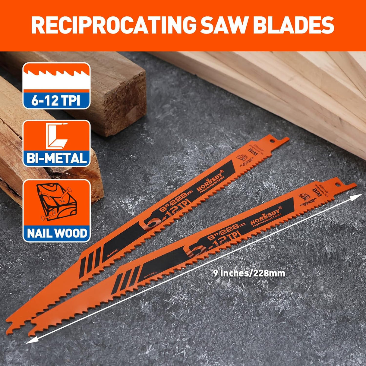 HORUSDY 9 inch bi-metal reciprocating saw blades for wood and nail cutting, 30-pack with plastic storage case