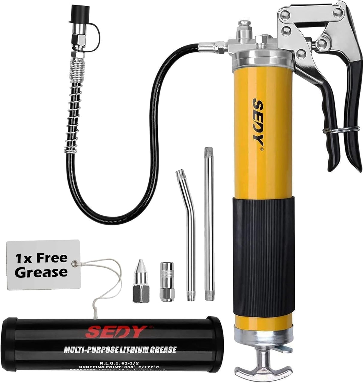 18-inch Pistol Grip Grease Gun, Flexible Hose, and Extension Kit - Heavy Duty Grease Gun for Automotive and Industrial Use