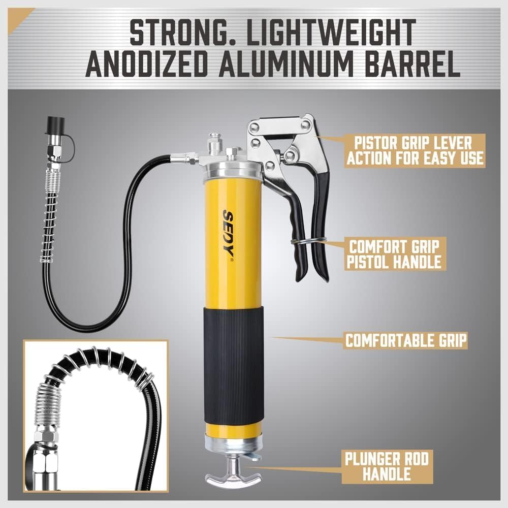 18-inch Pistol Grip Grease Gun, Flexible Hose, and Extension Kit - Heavy Duty Grease Gun for Automotive and Industrial Use