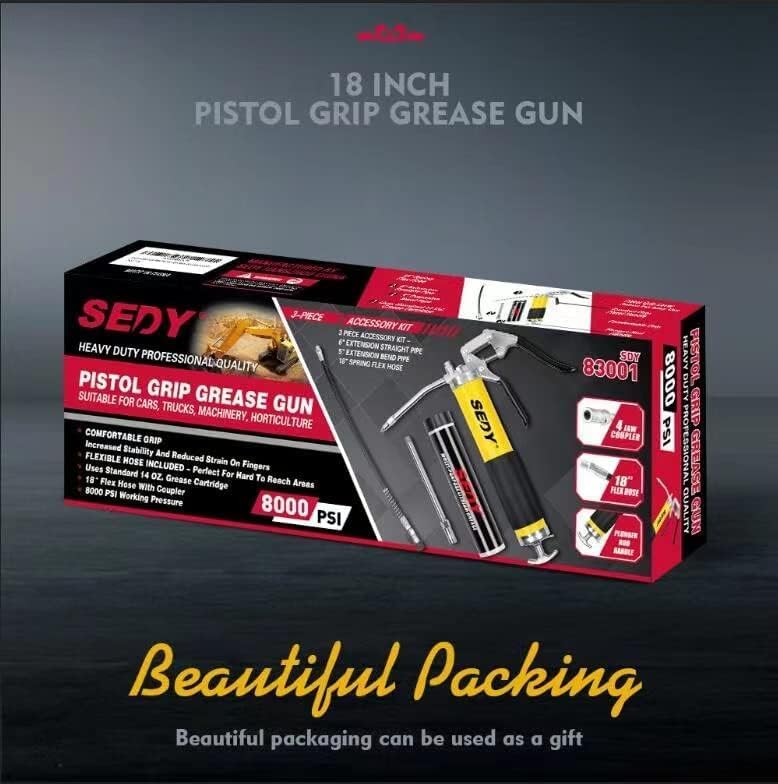 18-inch Pistol Grip Grease Gun, Flexible Hose, and Extension Kit - Heavy Duty Grease Gun for Automotive and Industrial Use