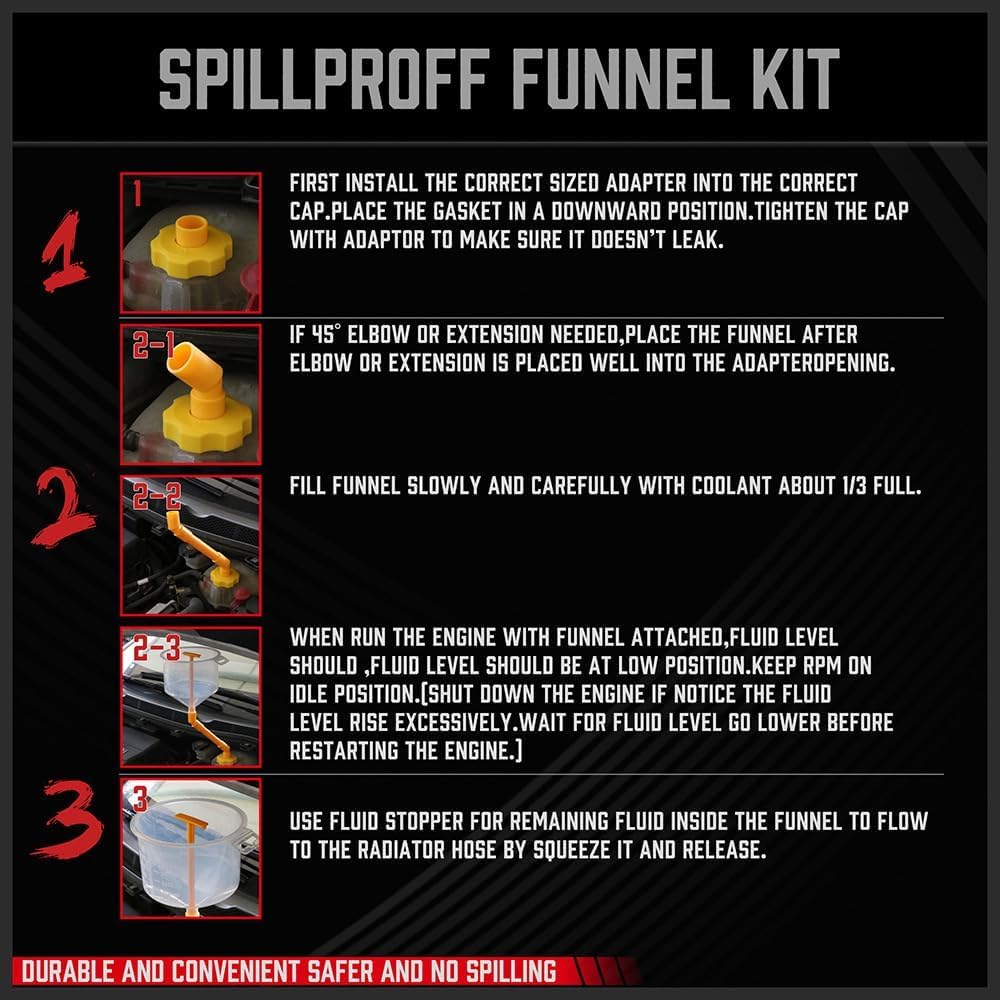 SEDY 19-piece spill proof coolant filling funnel kit with large funnel, scale, universal radiator adapters, elbows, extensions for safe car radiator fluid refill