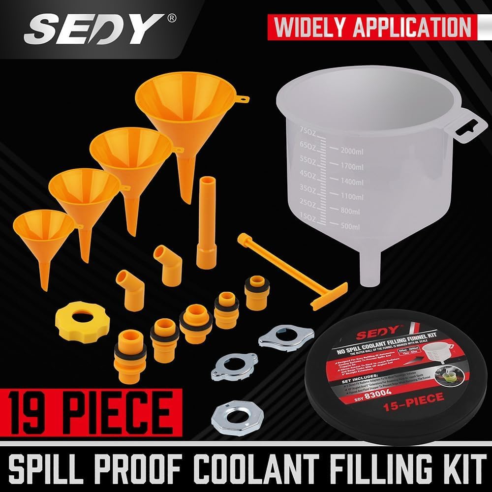 SEDY 19-piece spill proof coolant filling funnel kit with large funnel, scale, universal radiator adapters, elbows, extensions for safe car radiator fluid refill
