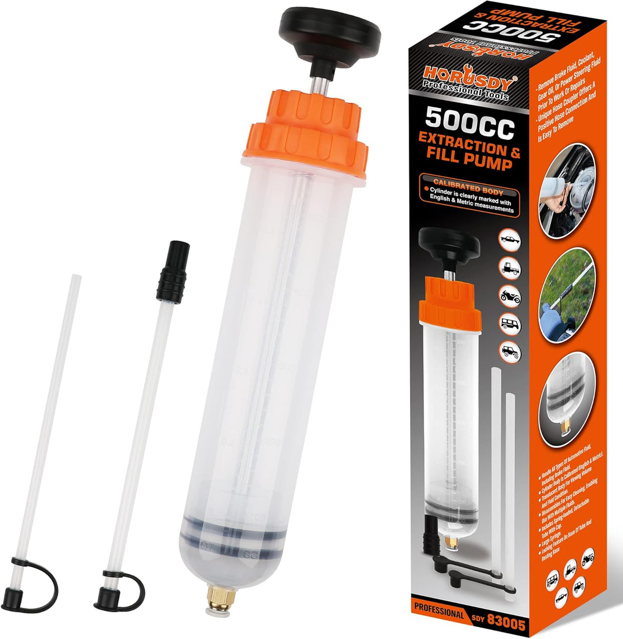 HORUSDY 500cc fluid extraction and fill pump with hose and locking coupler for automotive maintenance and fluid transfer