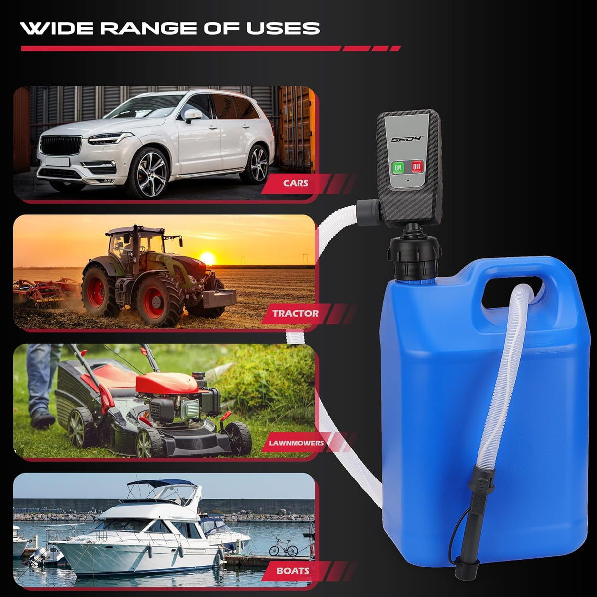 SEDY battery-powered fuel transfer pump with auto-stop sensor, multiple power supplies, adapters, and 3.2 GPM flow for gasoline, oil, water