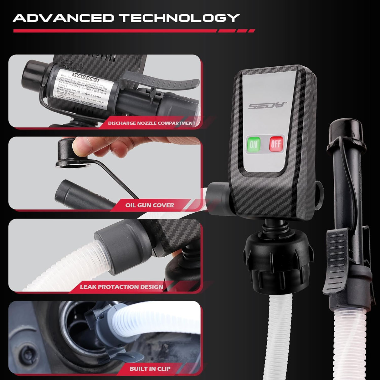 SEDY battery-powered fuel transfer pump with auto-stop sensor, multiple power supplies, adapters, and 3.2 GPM flow for gasoline, oil, water