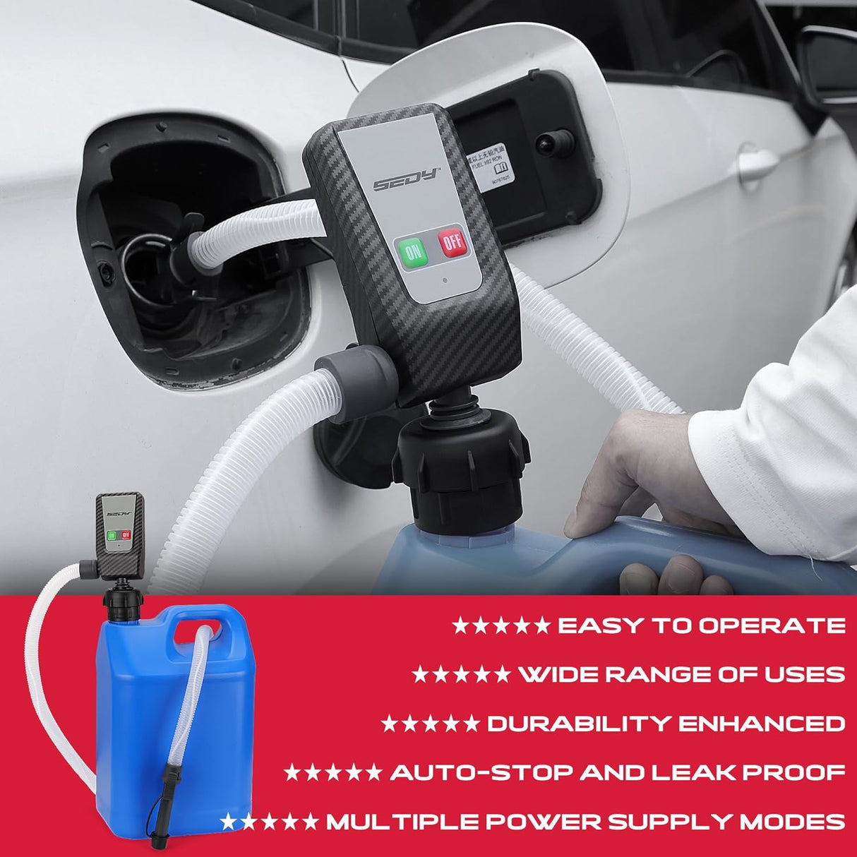 SEDY battery-powered fuel transfer pump with auto-stop sensor, multiple power supplies, adapters, and 3.2 GPM flow for gasoline, oil, water