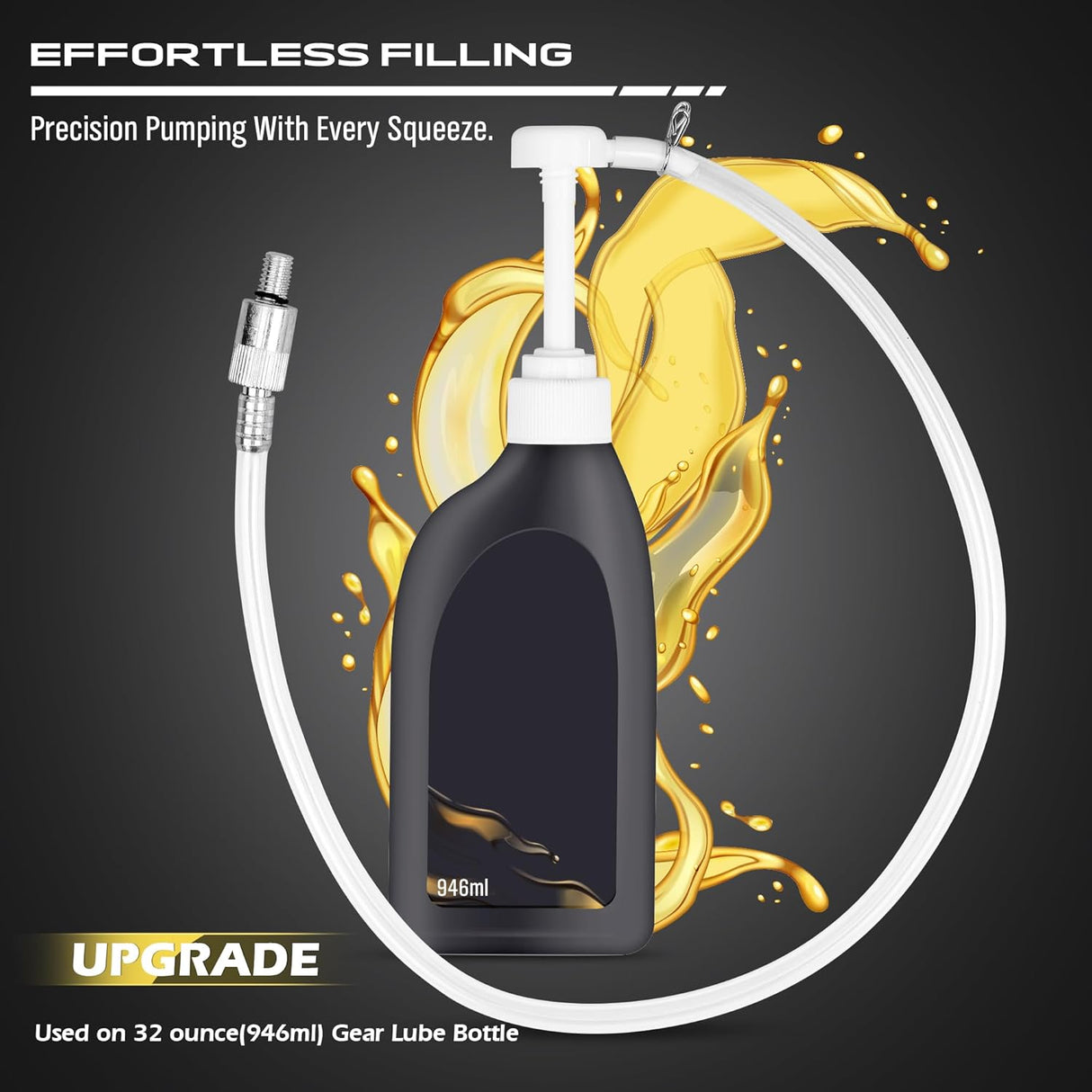 Marine gear oil pump with bottle and adapters for quick and clean fluid transfer on boat lower units
