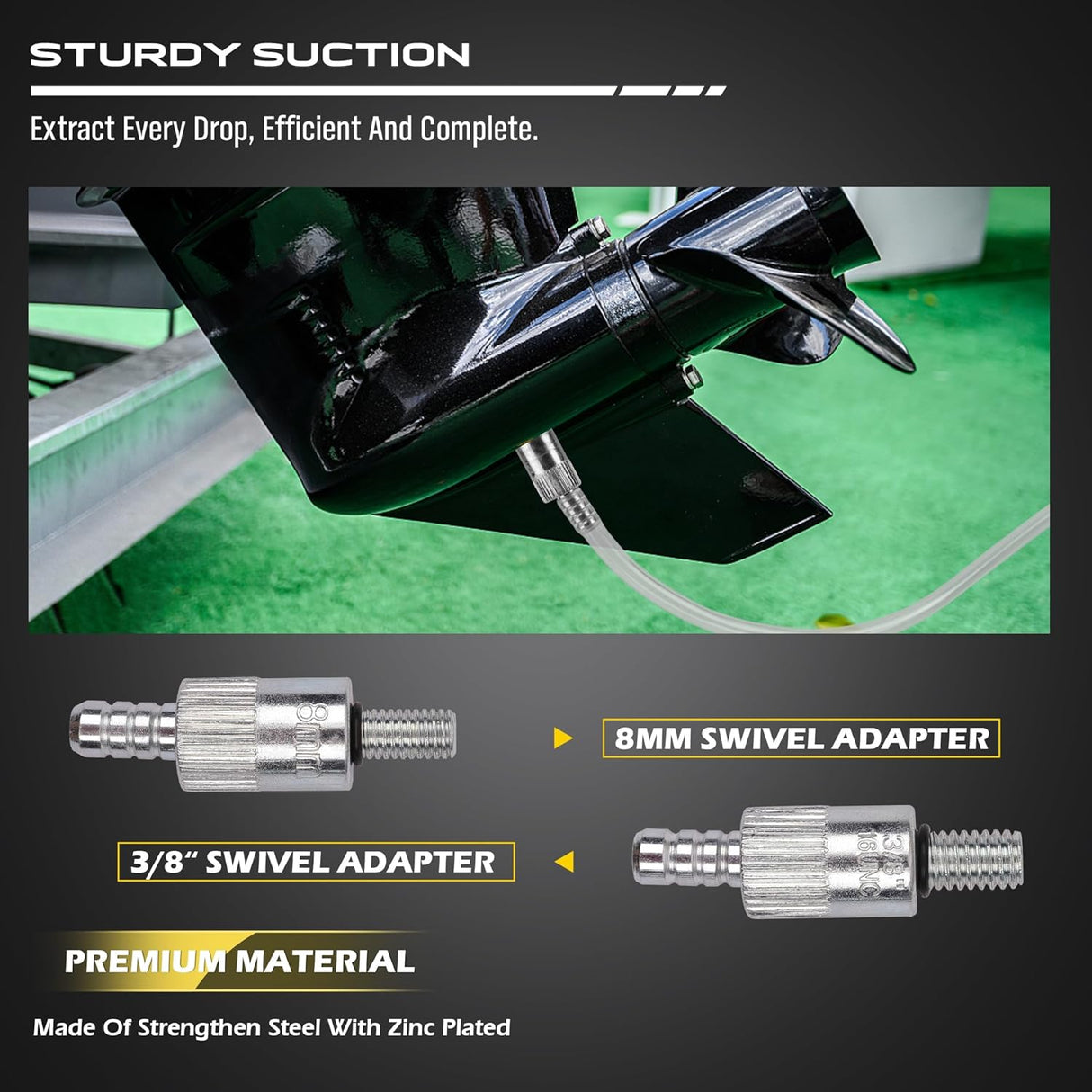 Marine gear oil pump with bottle and adapters for quick and clean fluid transfer on boat lower units