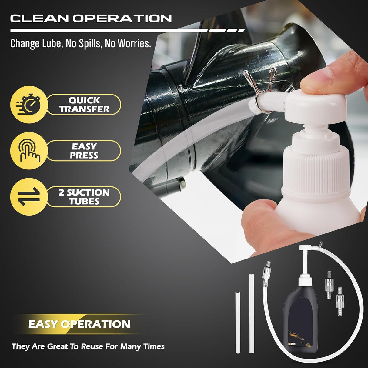 Marine gear oil pump with bottle and adapters for quick and clean fluid transfer on boat lower units