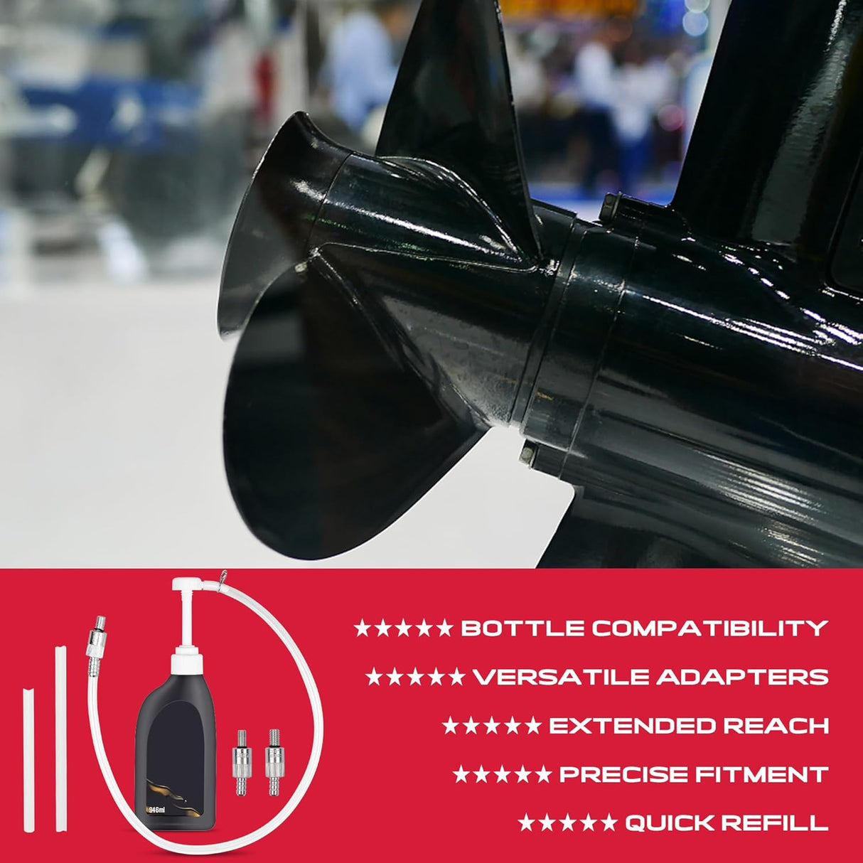 Marine gear oil pump with bottle and adapters for quick and clean fluid transfer on boat lower units