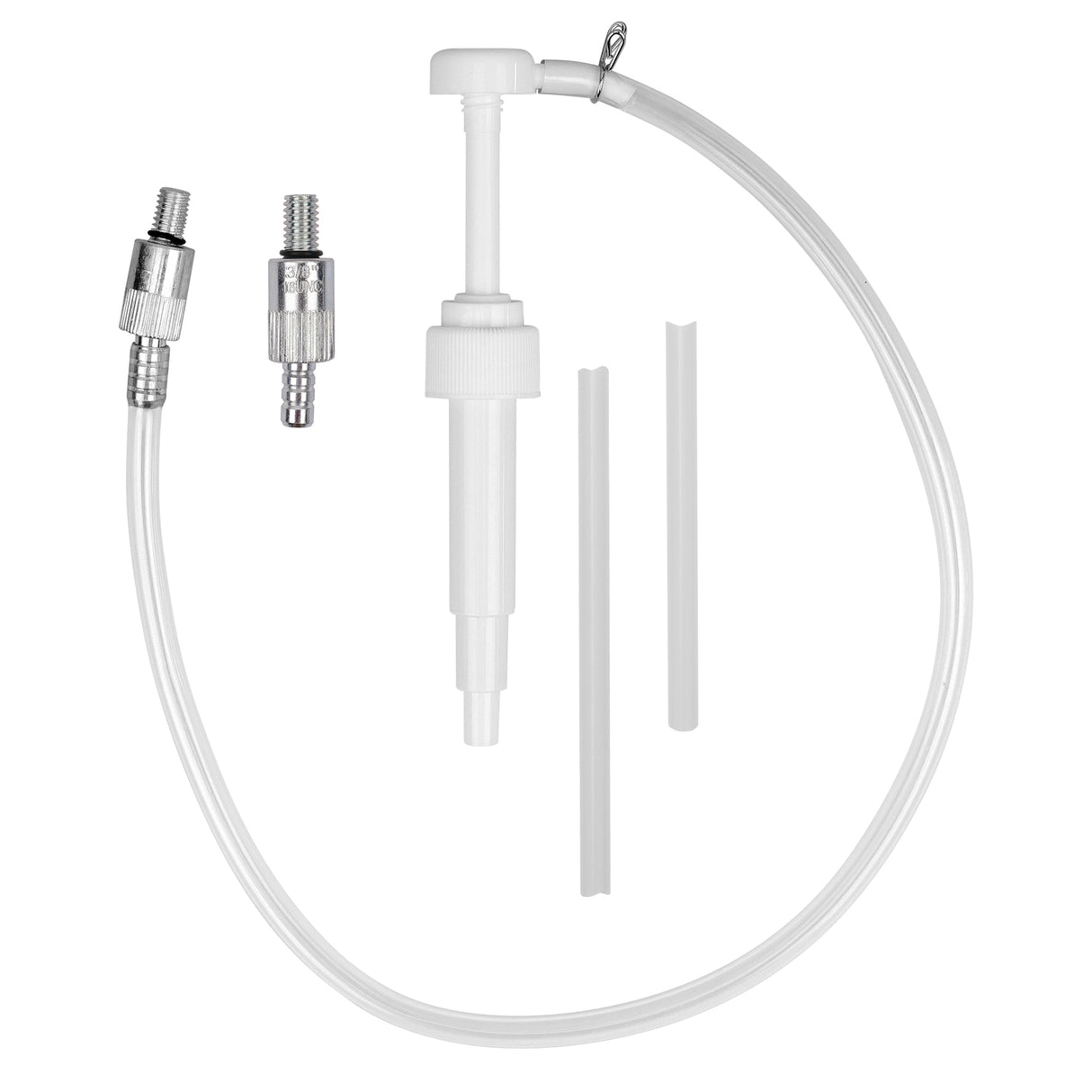 Marine gear oil pump with bottle and adapters for quick and clean fluid transfer on boat lower units