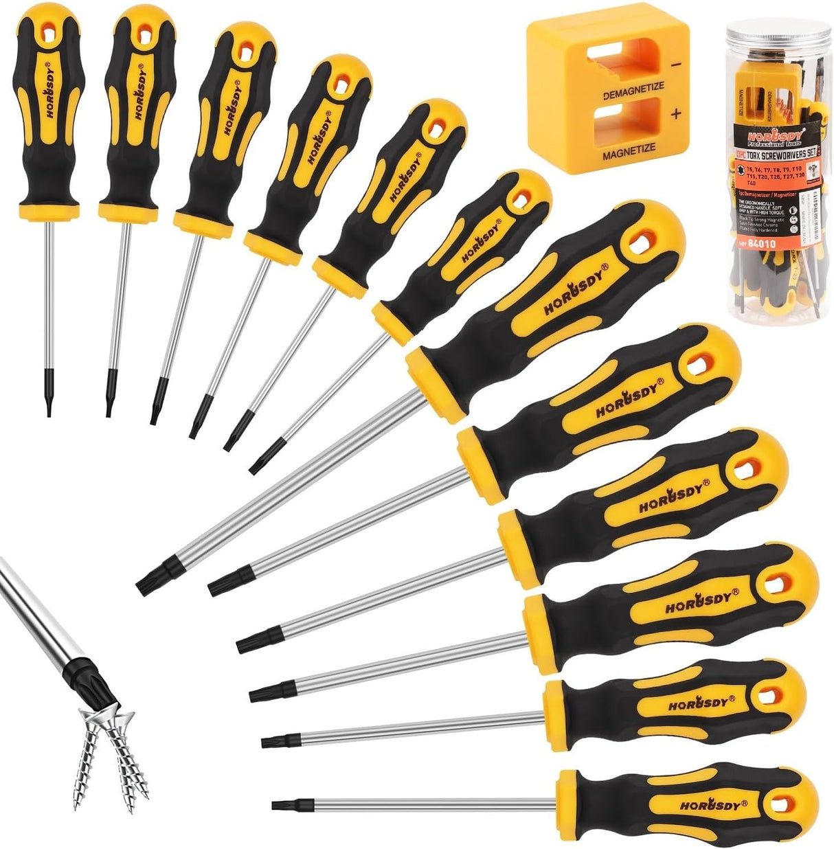 HORUSDY 13-piece magnetic Torx screwdriver set with CR-V steel blades, T5 to T40 sizes, non-slip handles, and magnetizer/demagnetizer tool
