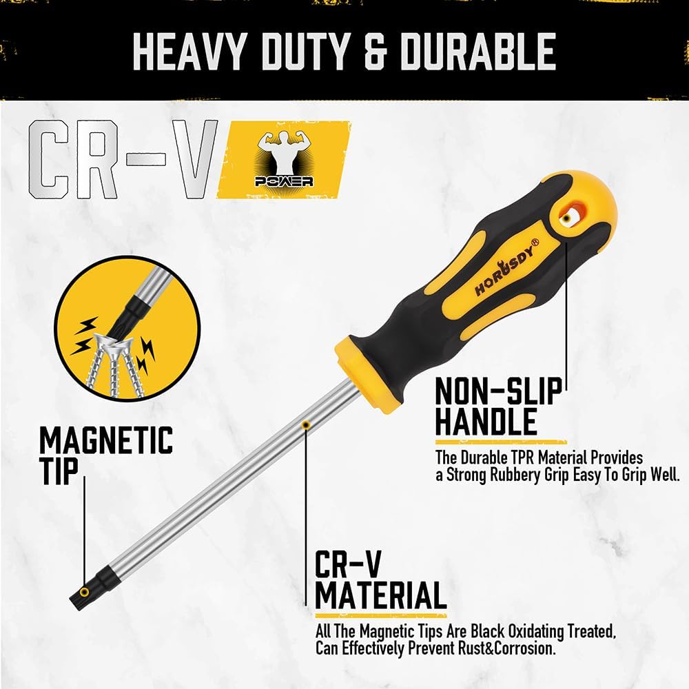 HORUSDY 13-piece magnetic Torx screwdriver set with CR-V steel blades, T5 to T40 sizes, non-slip handles, and magnetizer/demagnetizer tool