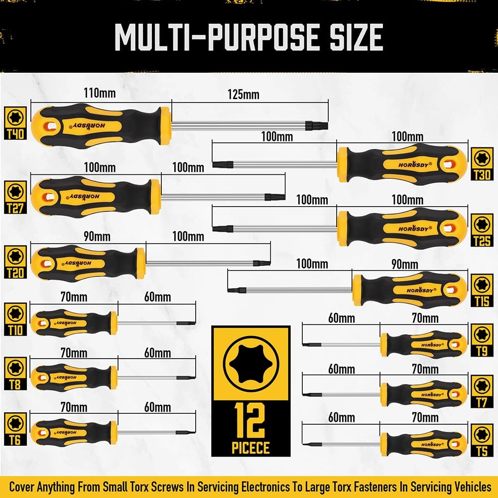 HORUSDY 13-piece magnetic Torx screwdriver set with CR-V steel blades, T5 to T40 sizes, non-slip handles, and magnetizer/demagnetizer tool