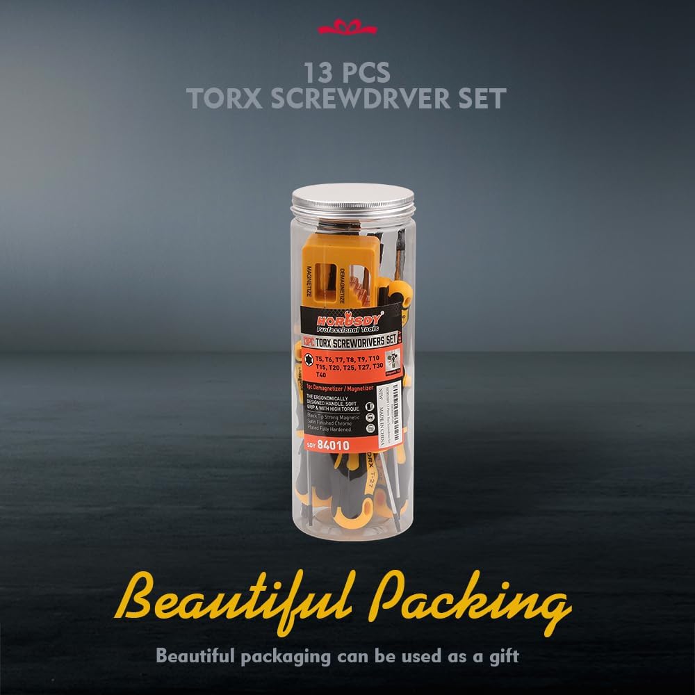 HORUSDY 13-piece magnetic Torx screwdriver set with CR-V steel blades, T5 to T40 sizes, non-slip handles, and magnetizer/demagnetizer tool