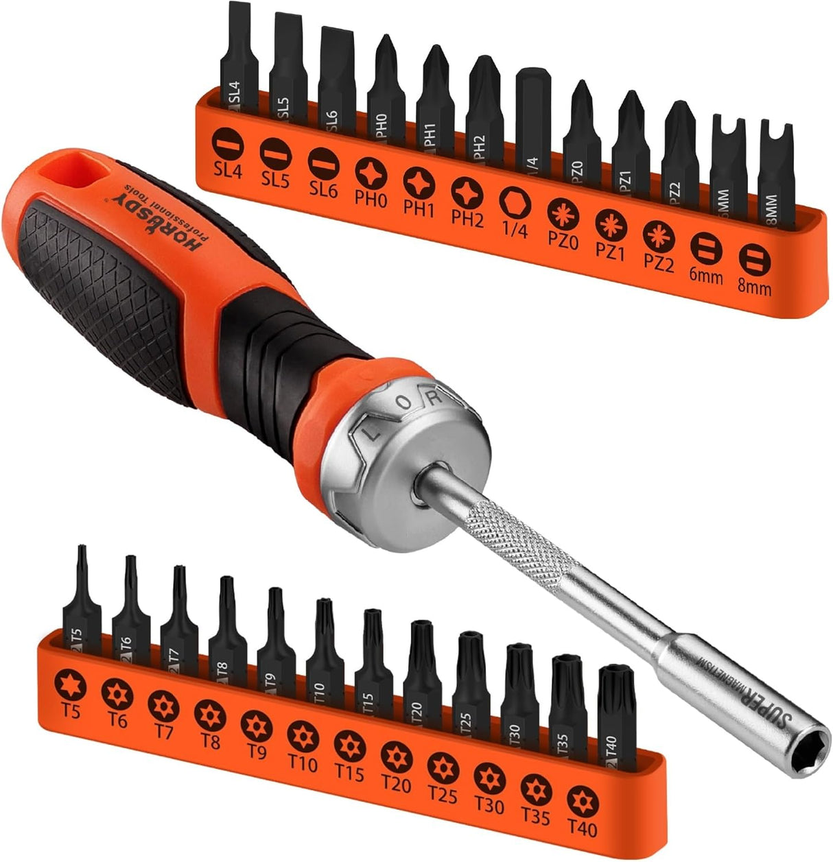 HORUSDY 25-piece ratcheting screwdriver set with magnetic bit holder, metric and SAE hex bits, ergonomic handle for precise repairs